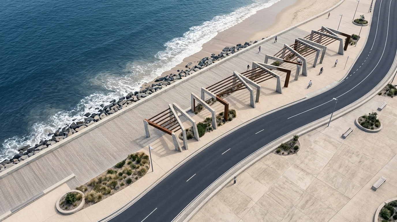 Minimalist illustration of a coastal transport corridor.