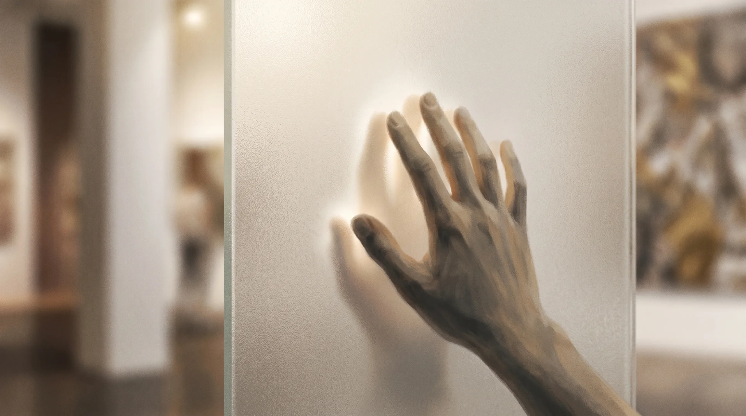 A conceptual image showing a soft hand print against a translucent surface, representing touch and memory.