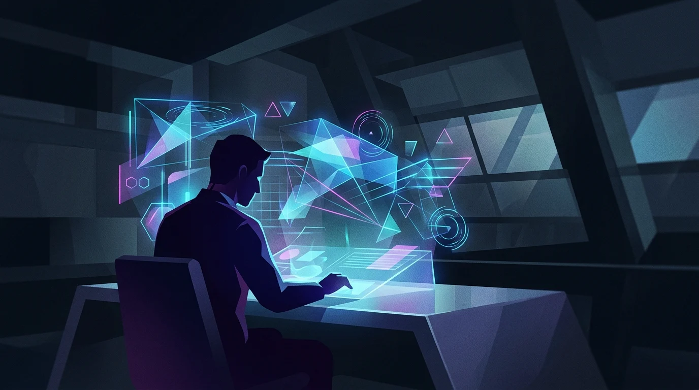 A stylised silhouette of a person interacting with digital technology.