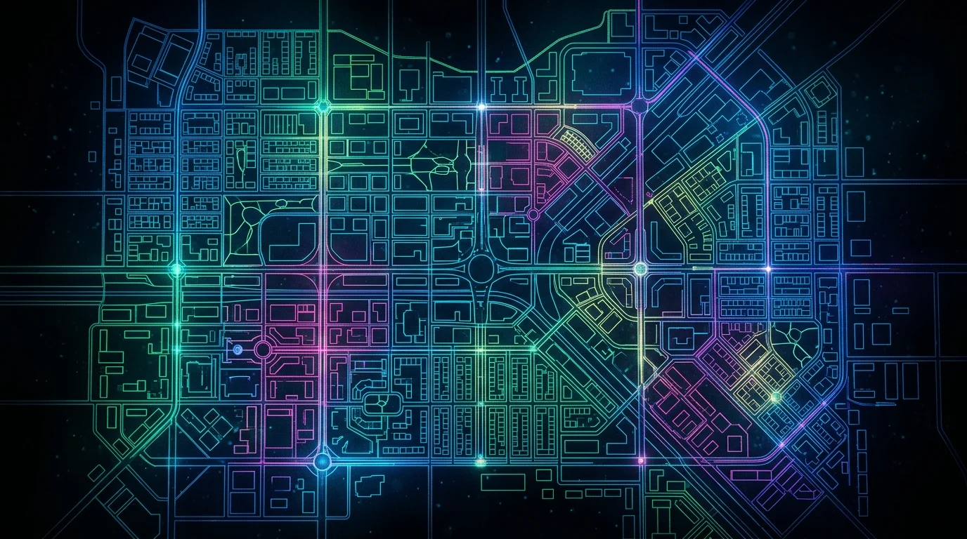 Abstract neon wireframe city grid representing game map design.