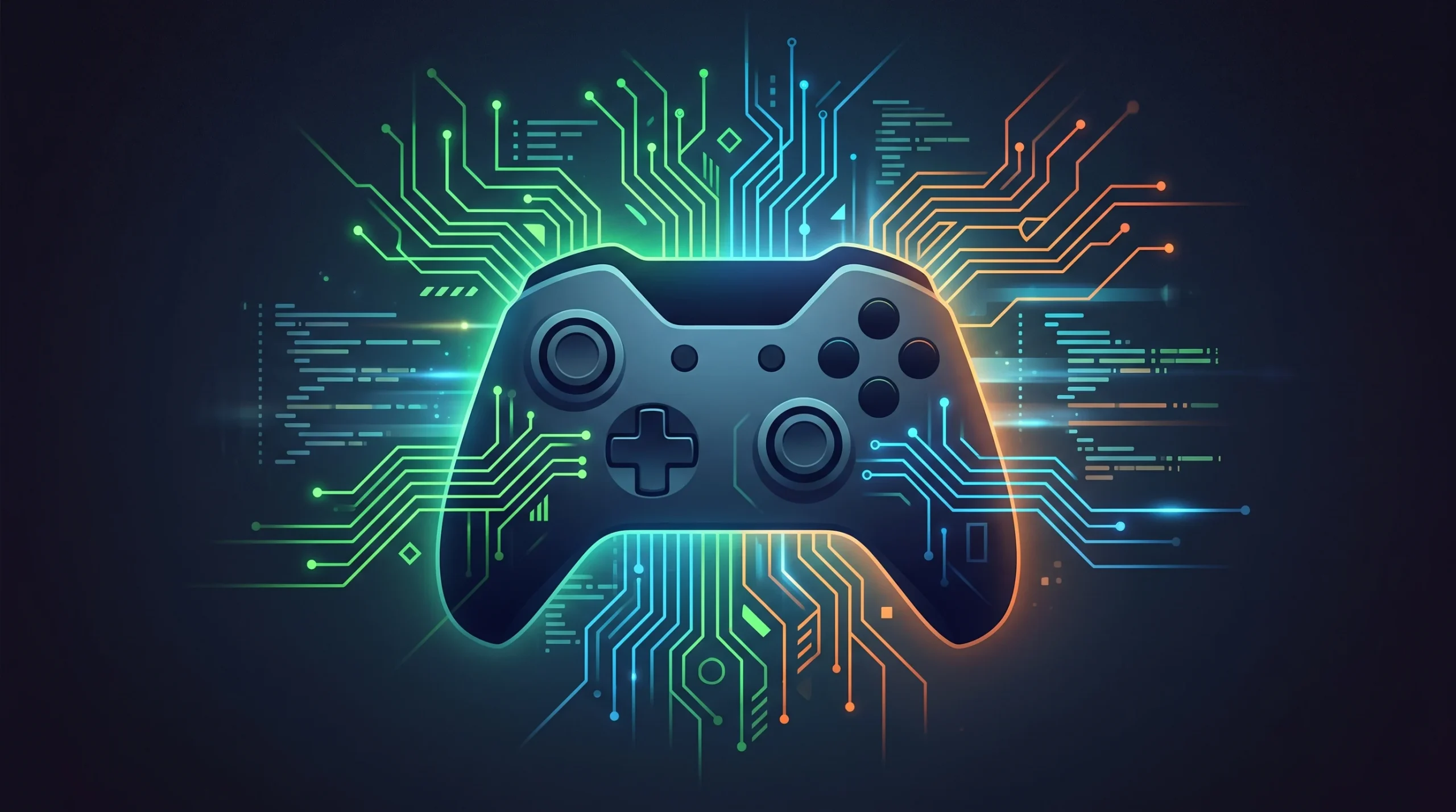 A conceptual illustration of digital gaming software and a controller silhouette.