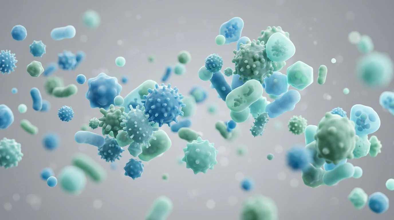 Abstract 3D representation of microscopic viral or bacterial particles.