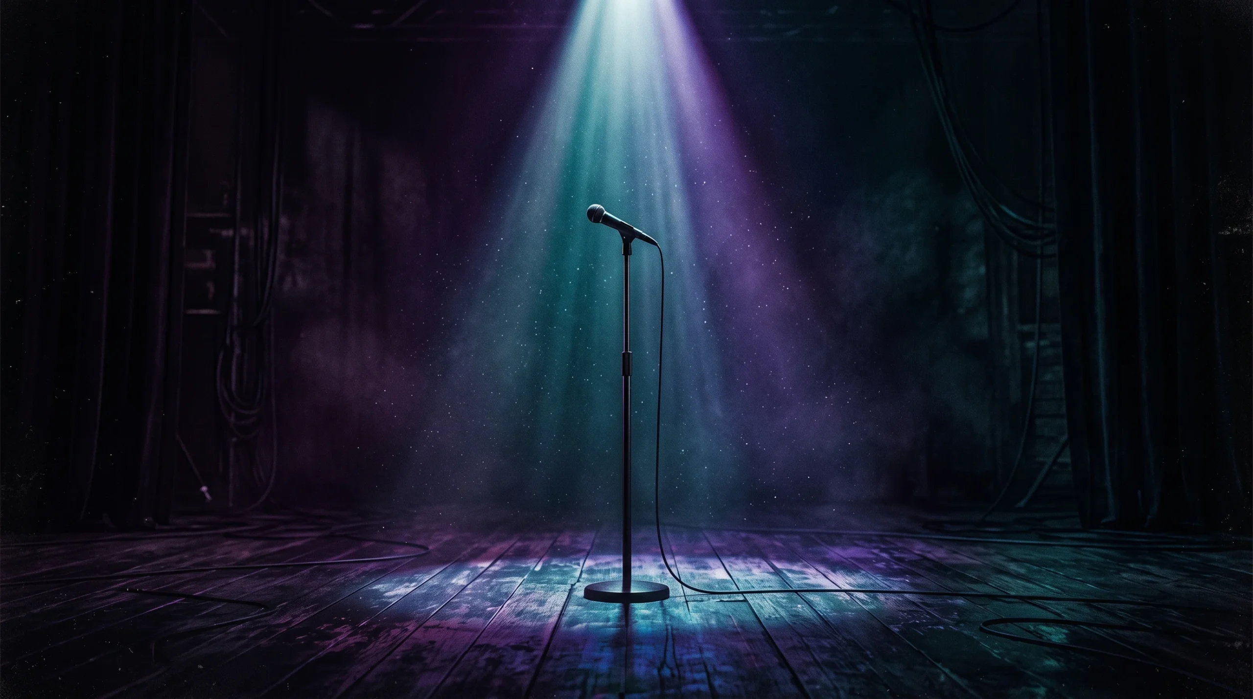 A conceptual illustration of a microphone stand on a stage.