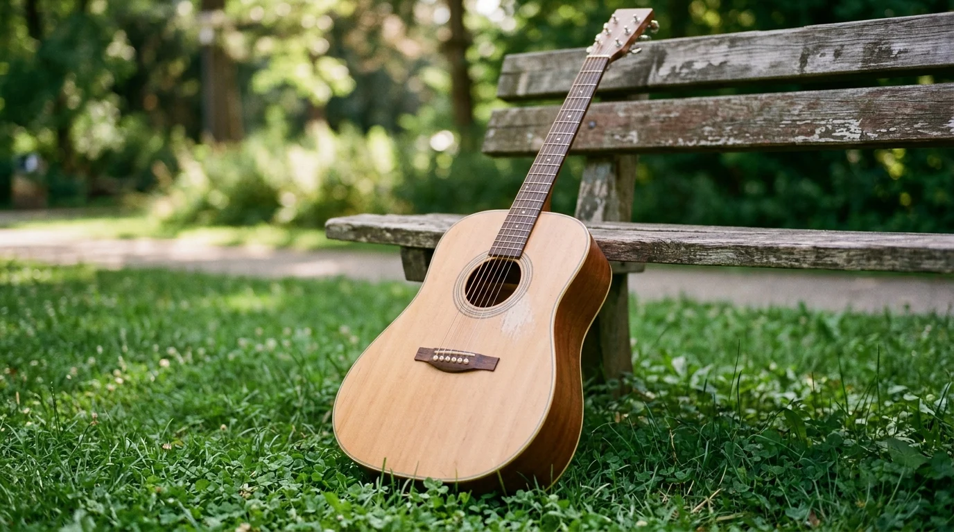 An acoustic guitar resting in a park setting.