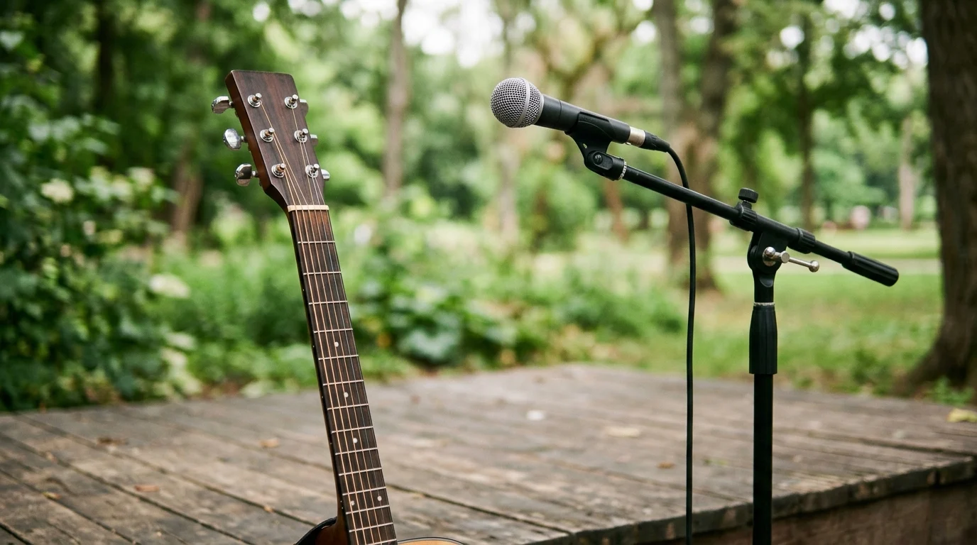 Conceptual image of an acoustic guitar on a stage in a park.