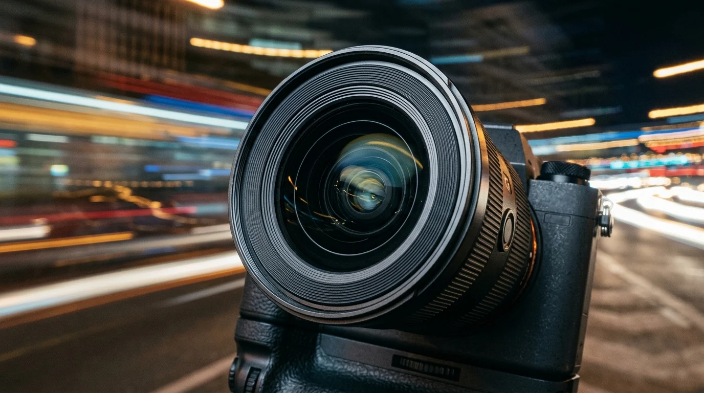 A conceptual image of a camera lens and motion blur.