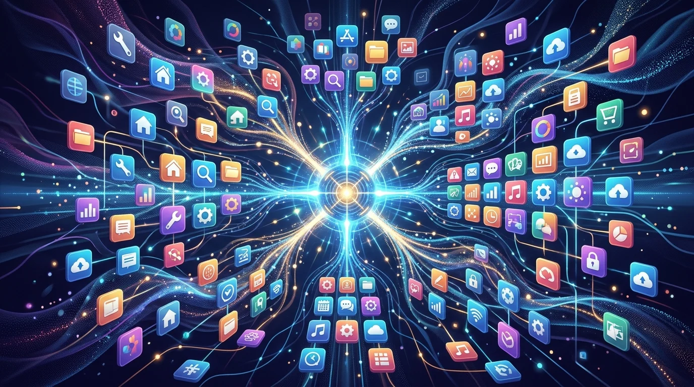Abstract visual of digital tasks being managed by artificial intelligence.
