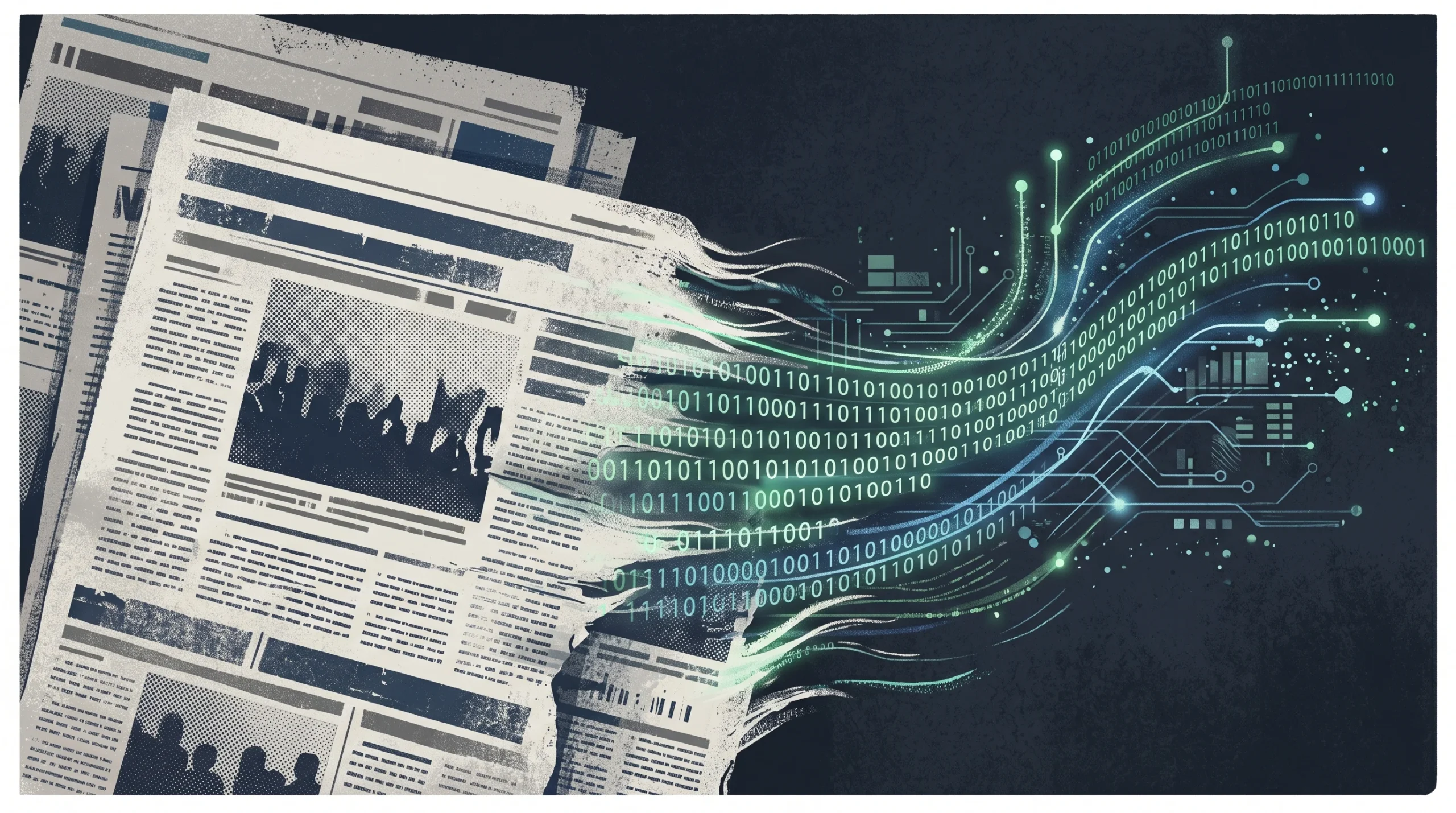 Conceptual illustration of news print turning into digital data streams