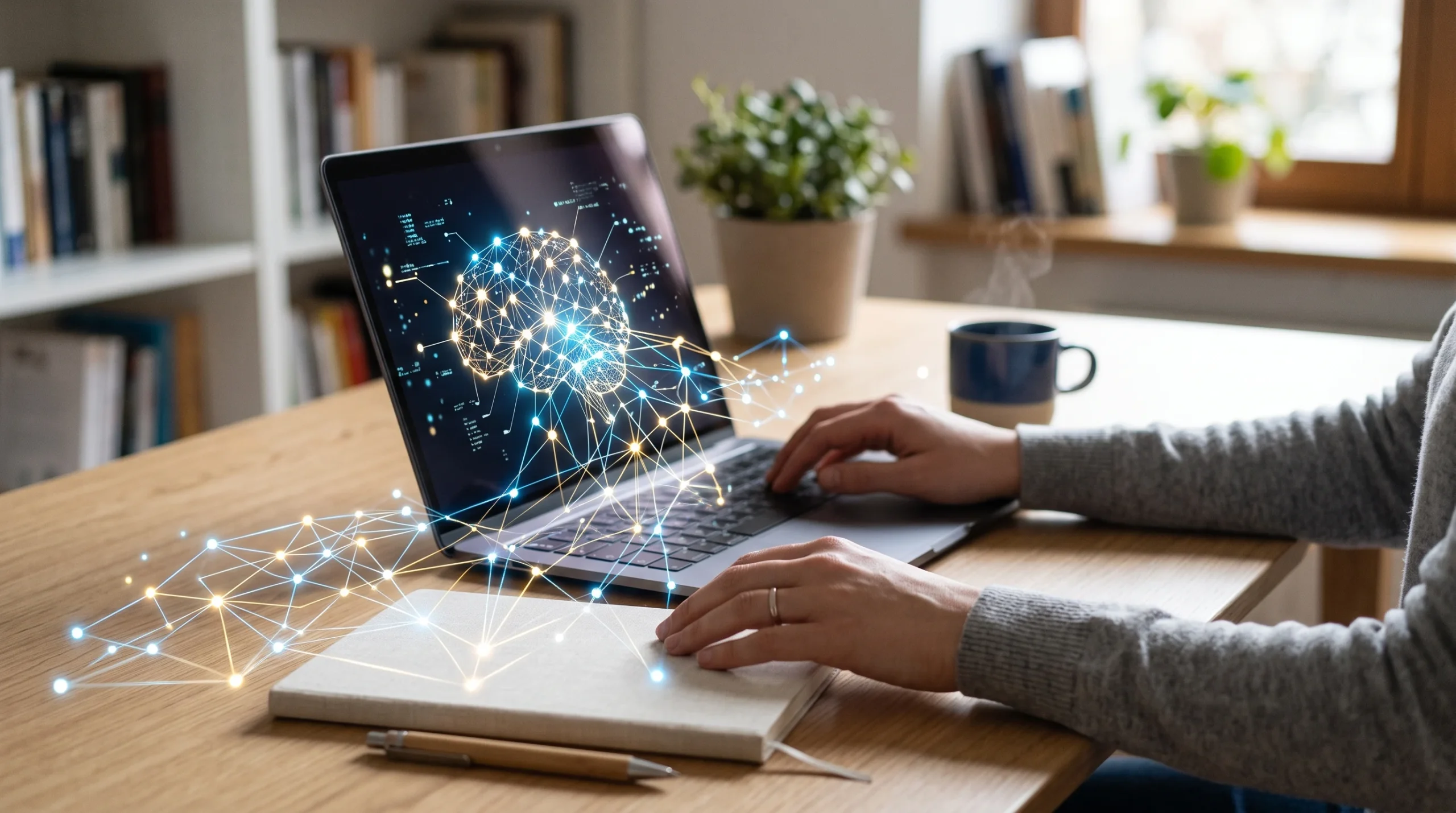 A conceptual image of digital technology and learning tools on a desk.