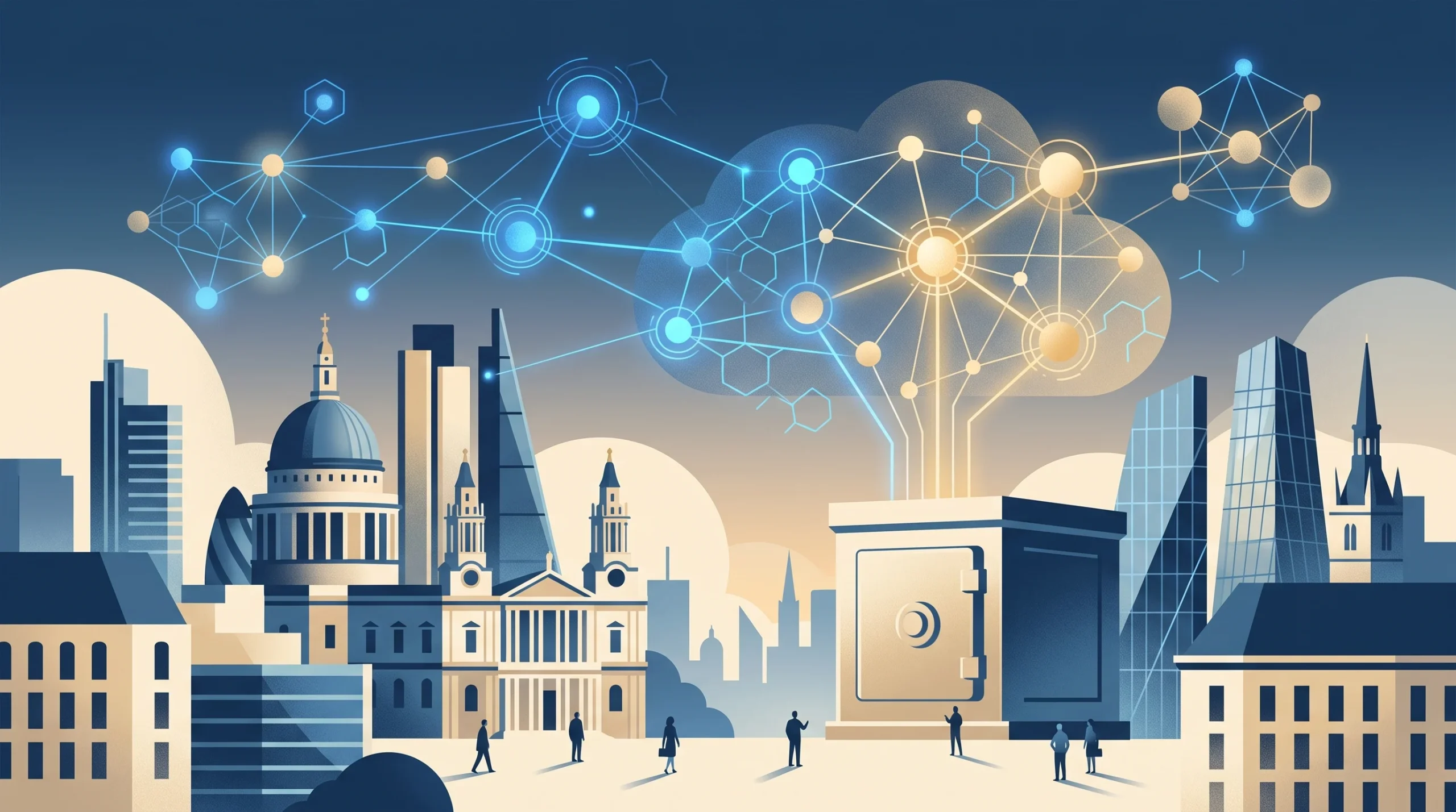 A conceptual digital illustration of financial networks and artificial intelligence.