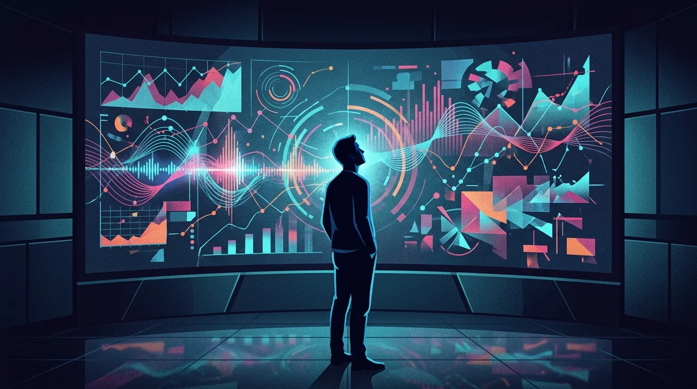 A silhouette of an individual viewing a large abstract digital interface.