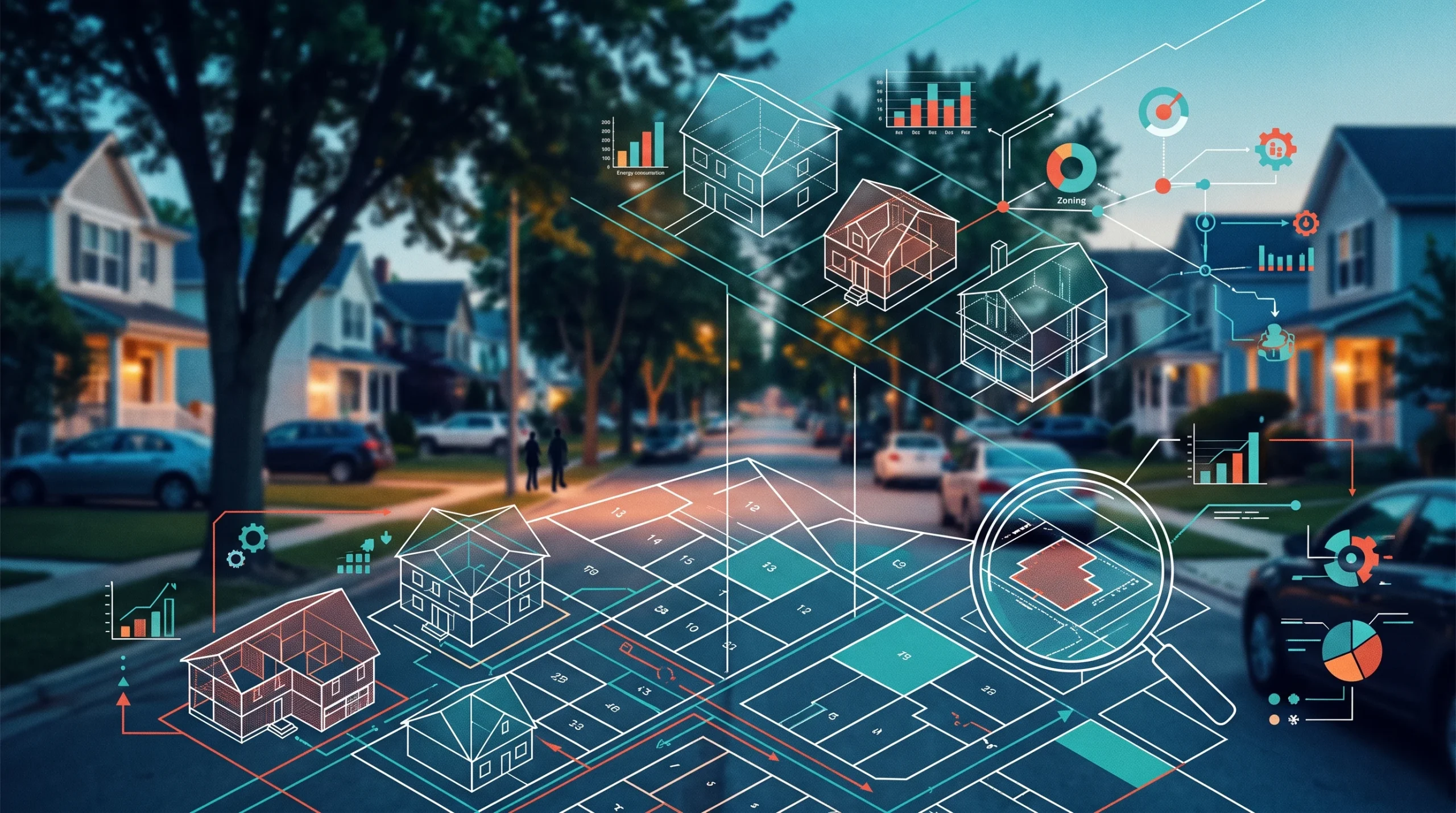 Conceptual illustration showing digital data overlays on a residential street