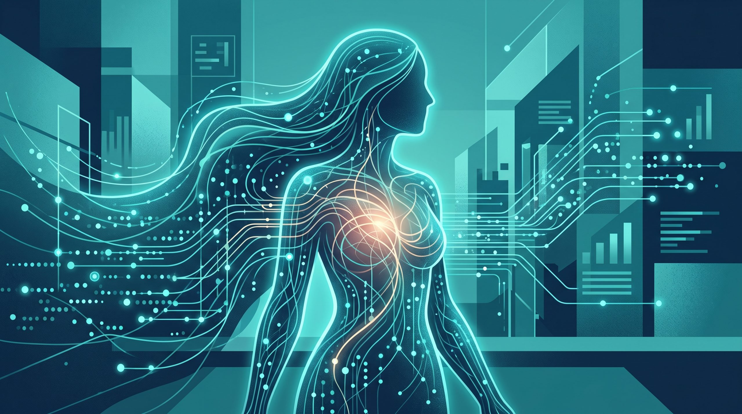 Conceptual illustration of human and digital integration in the workplace.