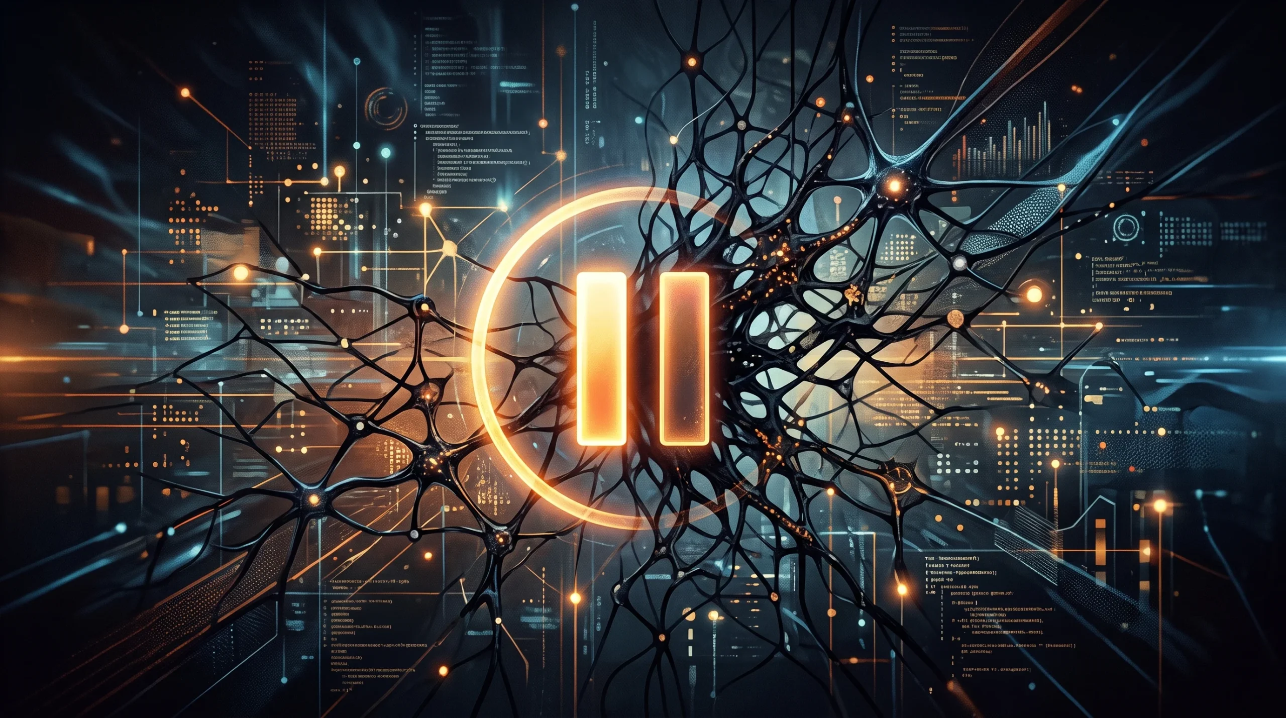 A conceptual digital illustration of a glowing pause icon over a network of lines and nodes.