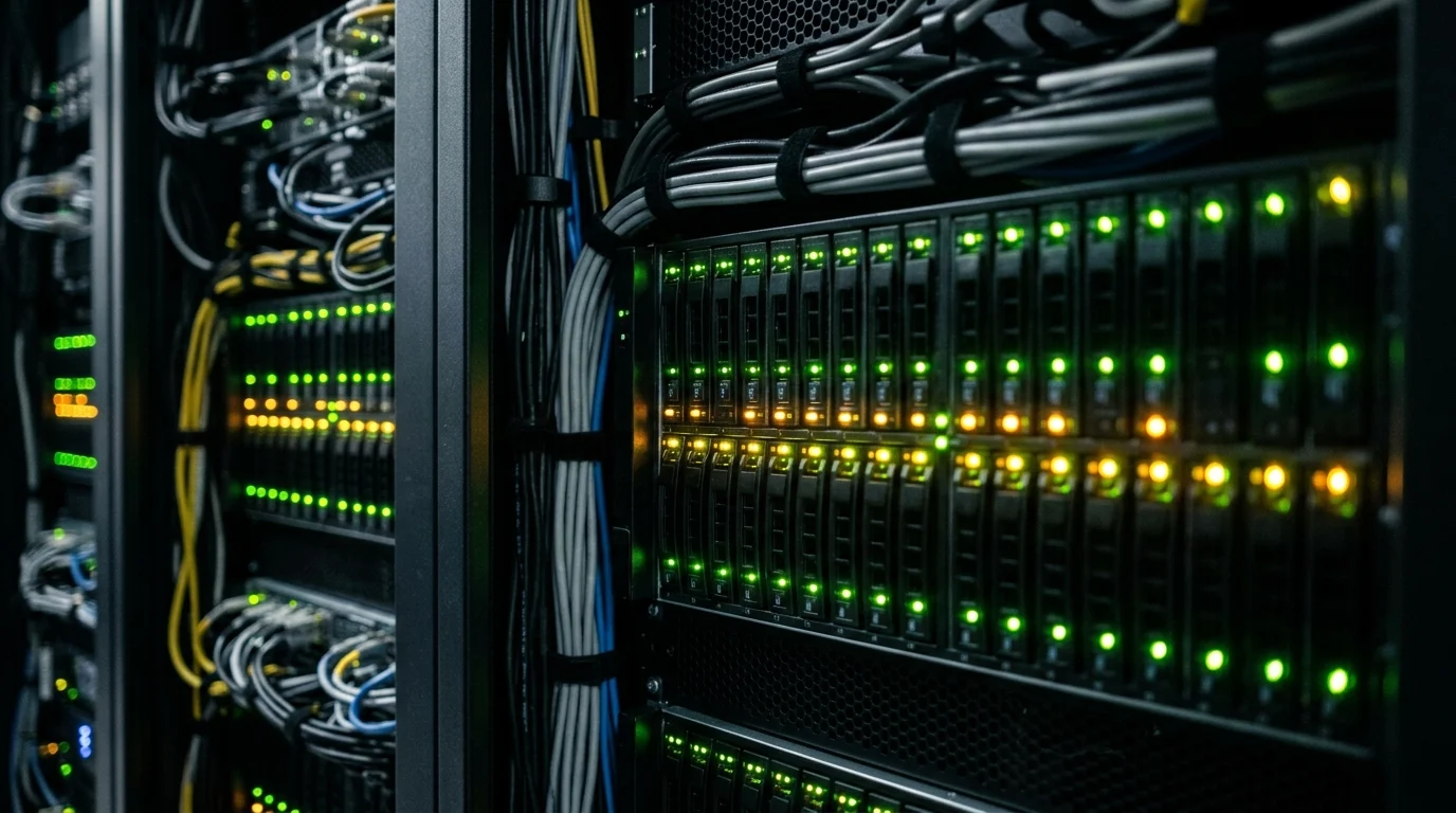 Abstract server rack lights suggesting technical monitoring.