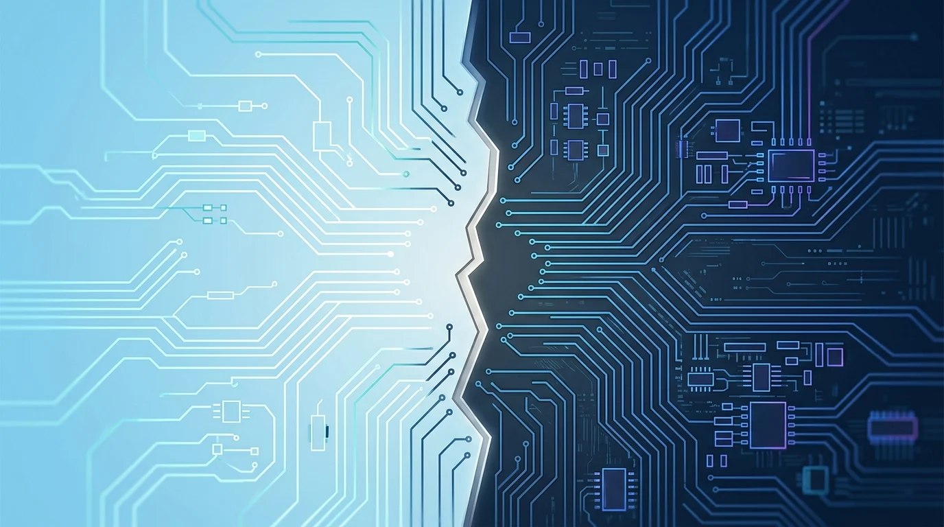 An abstract futuristic circuit board representing a technological divide.