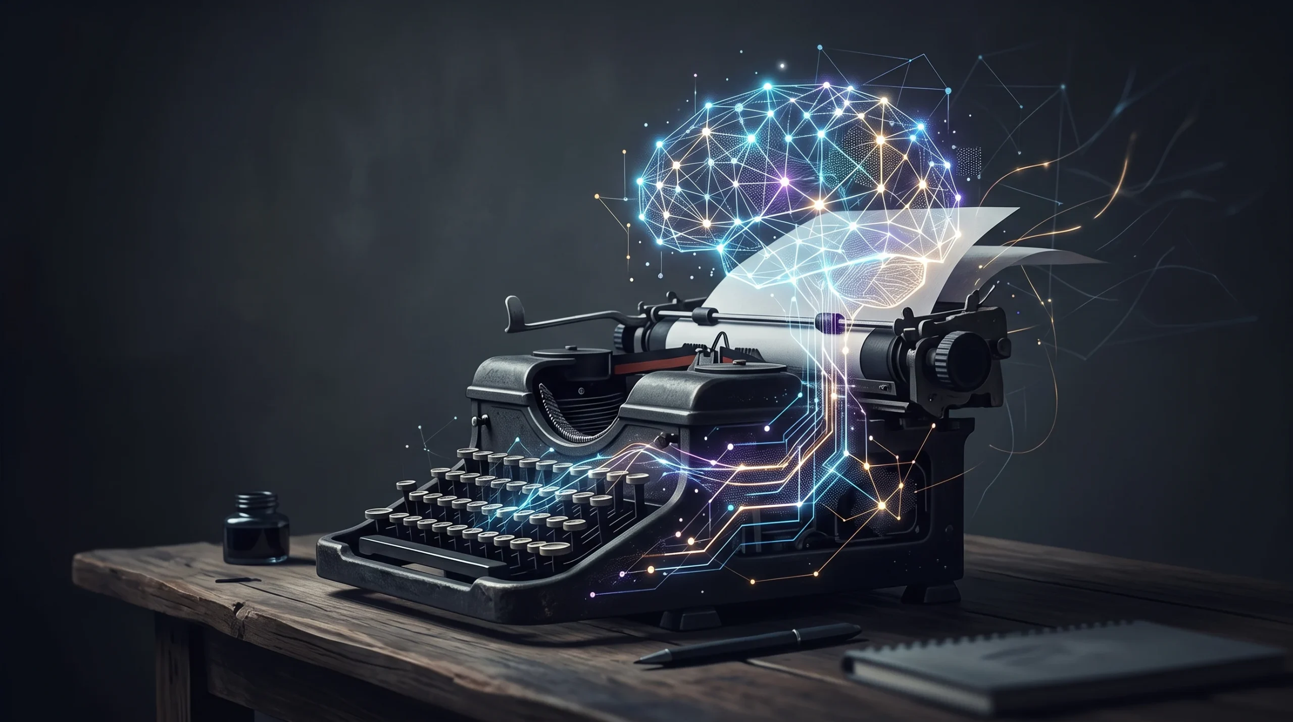 A conceptual illustration of AI and writing tools.