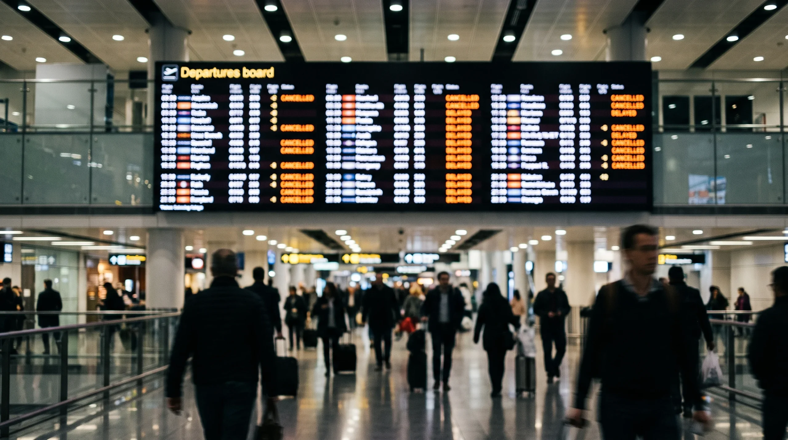 A blurred airport departure board showing multiple flight cancellations.