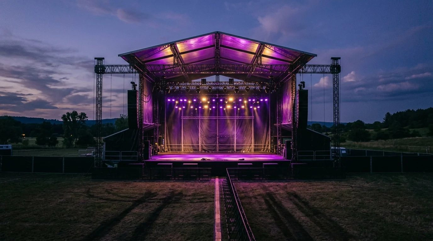 A lit concert stage ready for a performance.