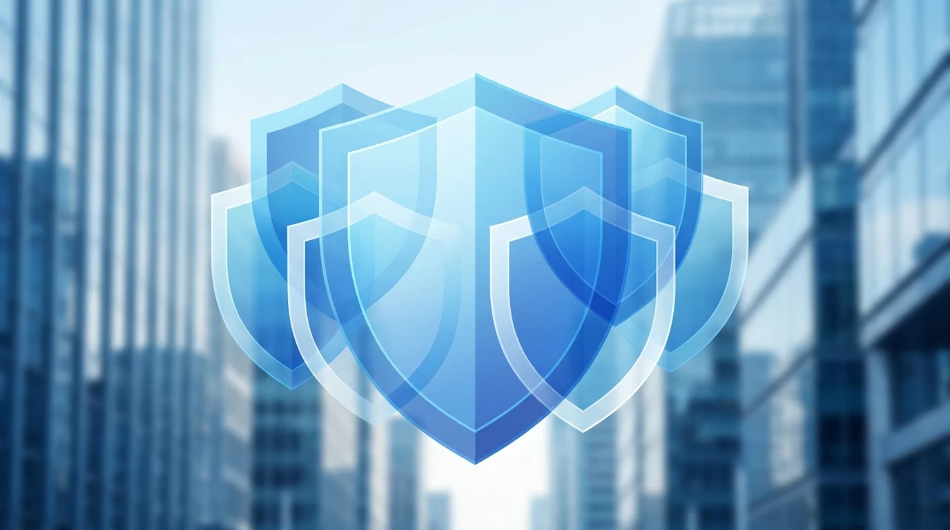 Abstract blue shields symbolising financial protection and compliance.