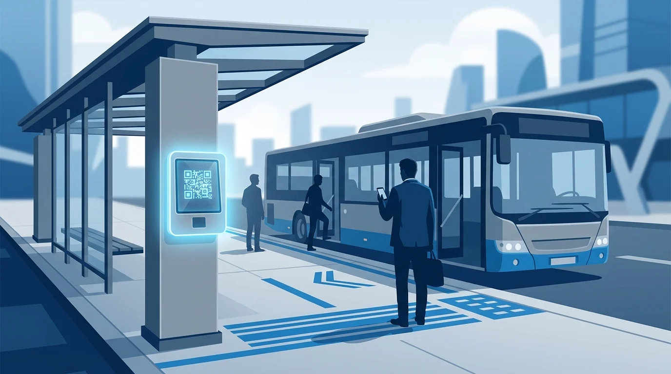 A minimalist graphic of a digital bus boarding point.