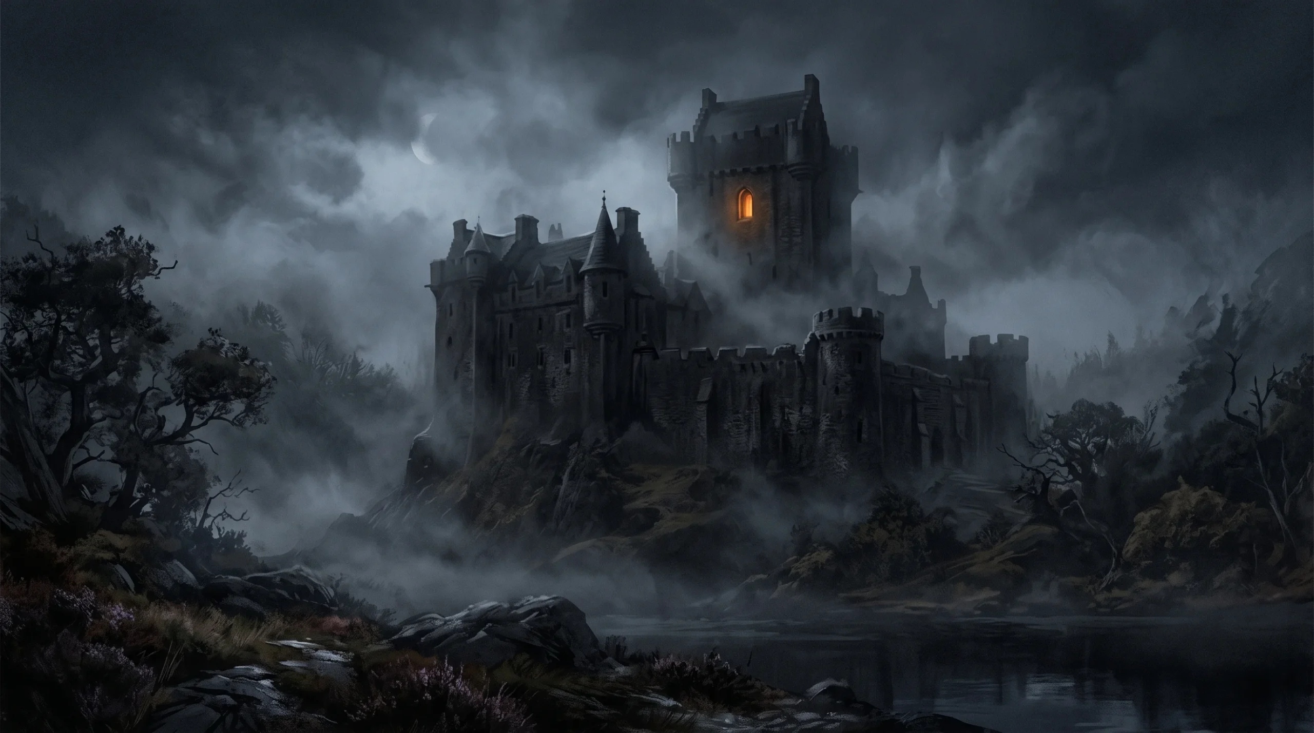 A mysterious Scottish castle at night shrouded in mist.