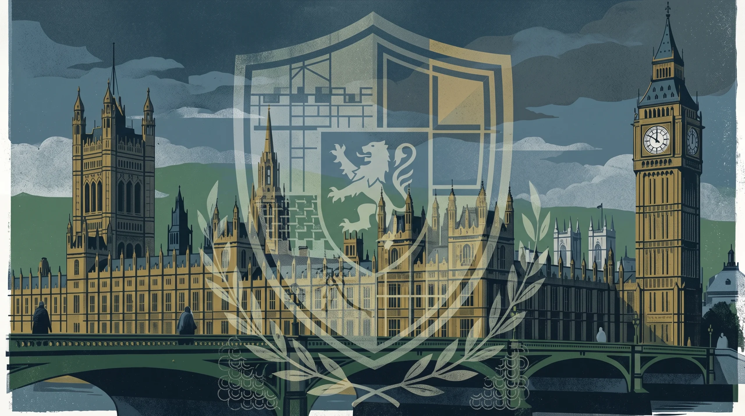 A conceptual illustration of the and a military shield representing defence legislation.
