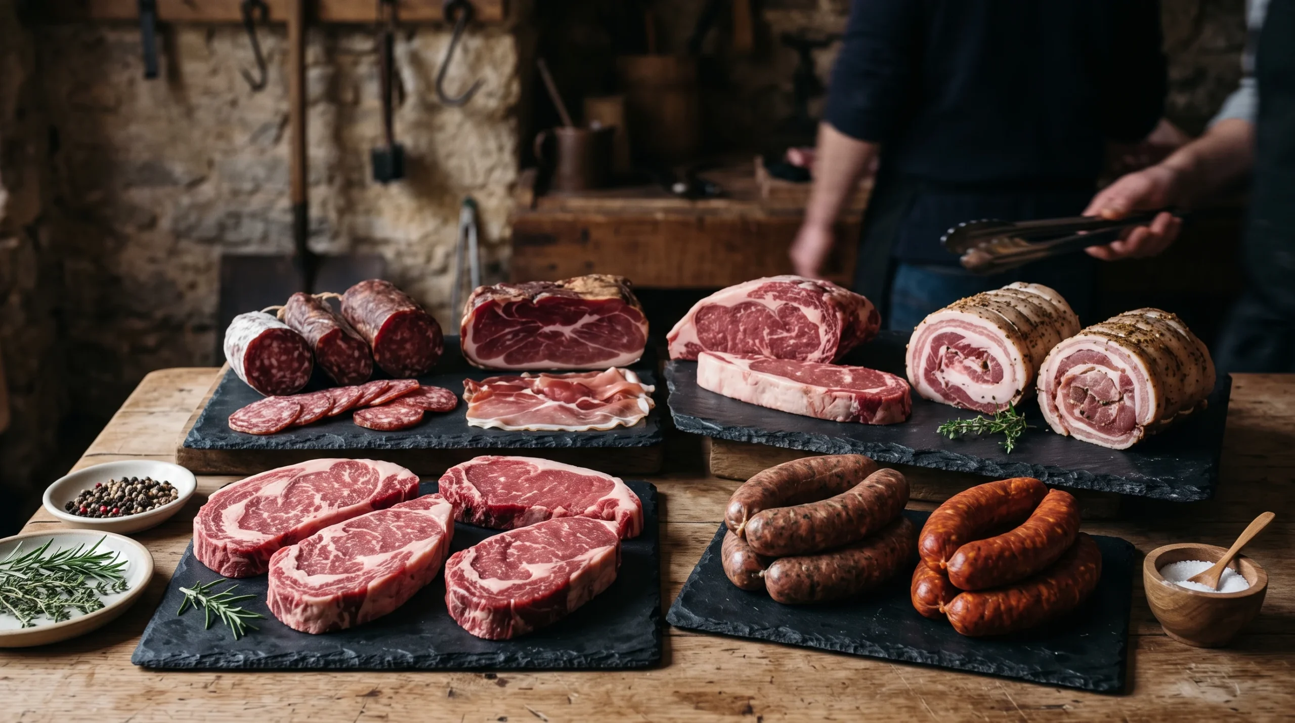 Artisan meat products displayed on slate inside a traditional shop.