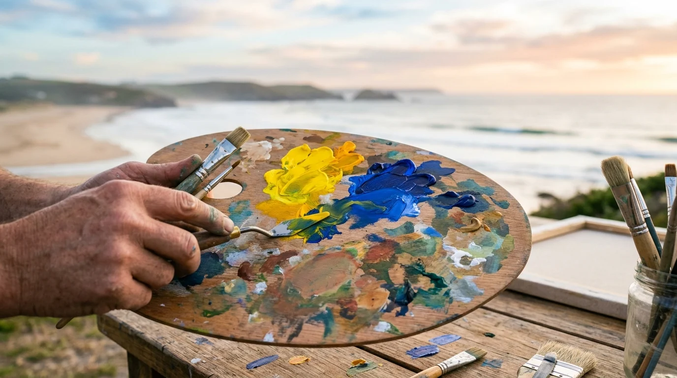 Artist's palette with bright paints in front of a blurred coastal view.