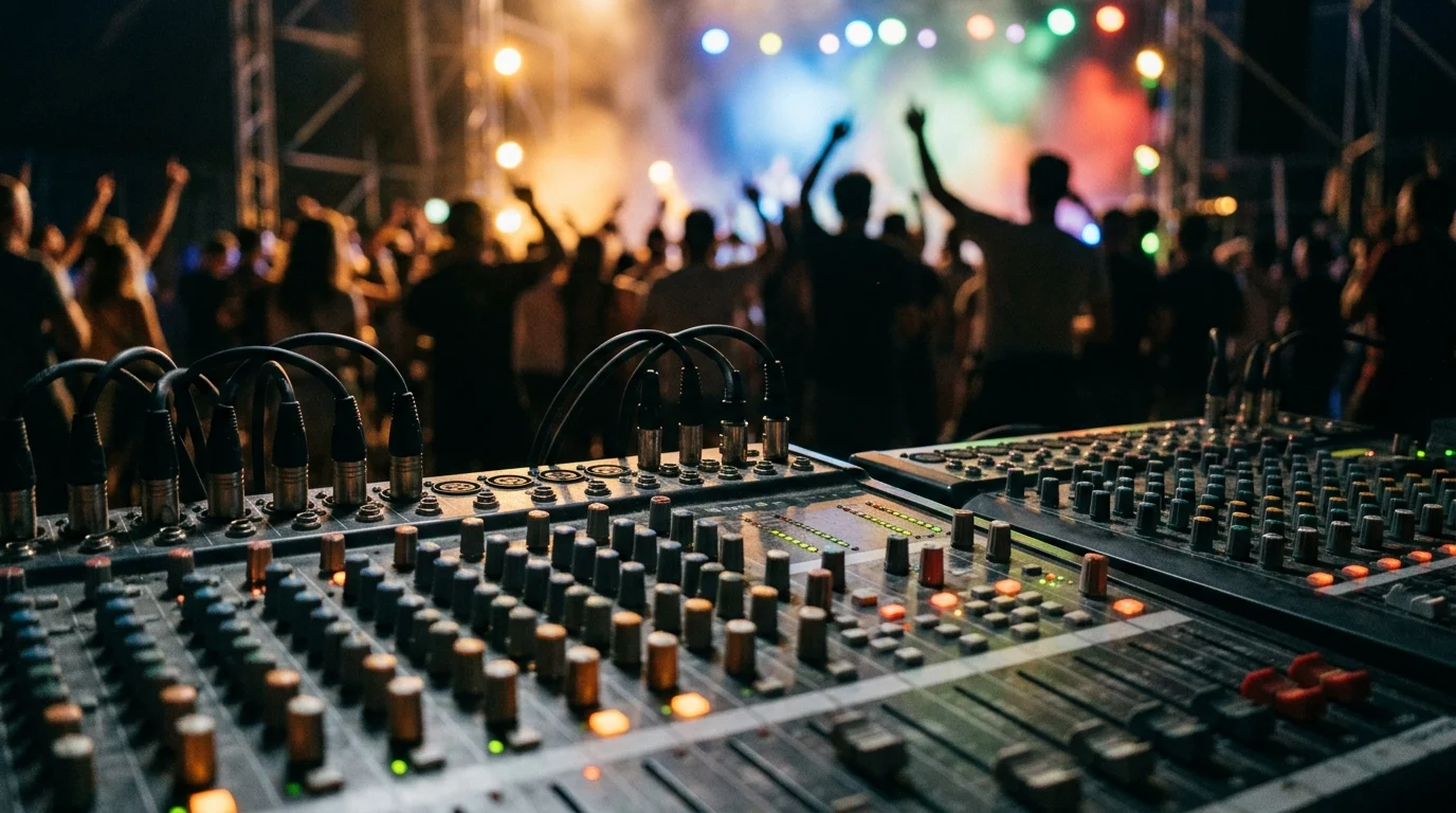 Conceptual image of audio equipment at a music festival.
