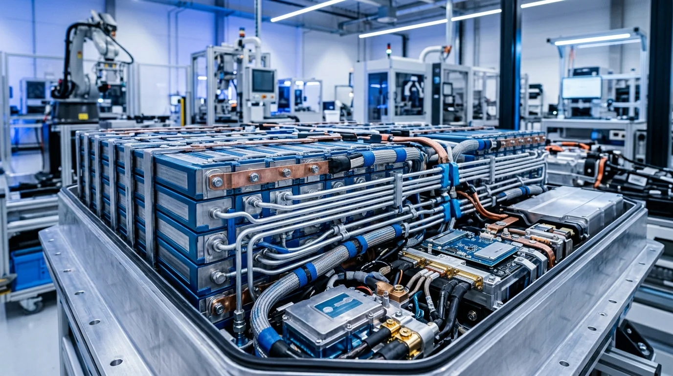 Abstract high-tech automotive components in a clean manufacturing environment.