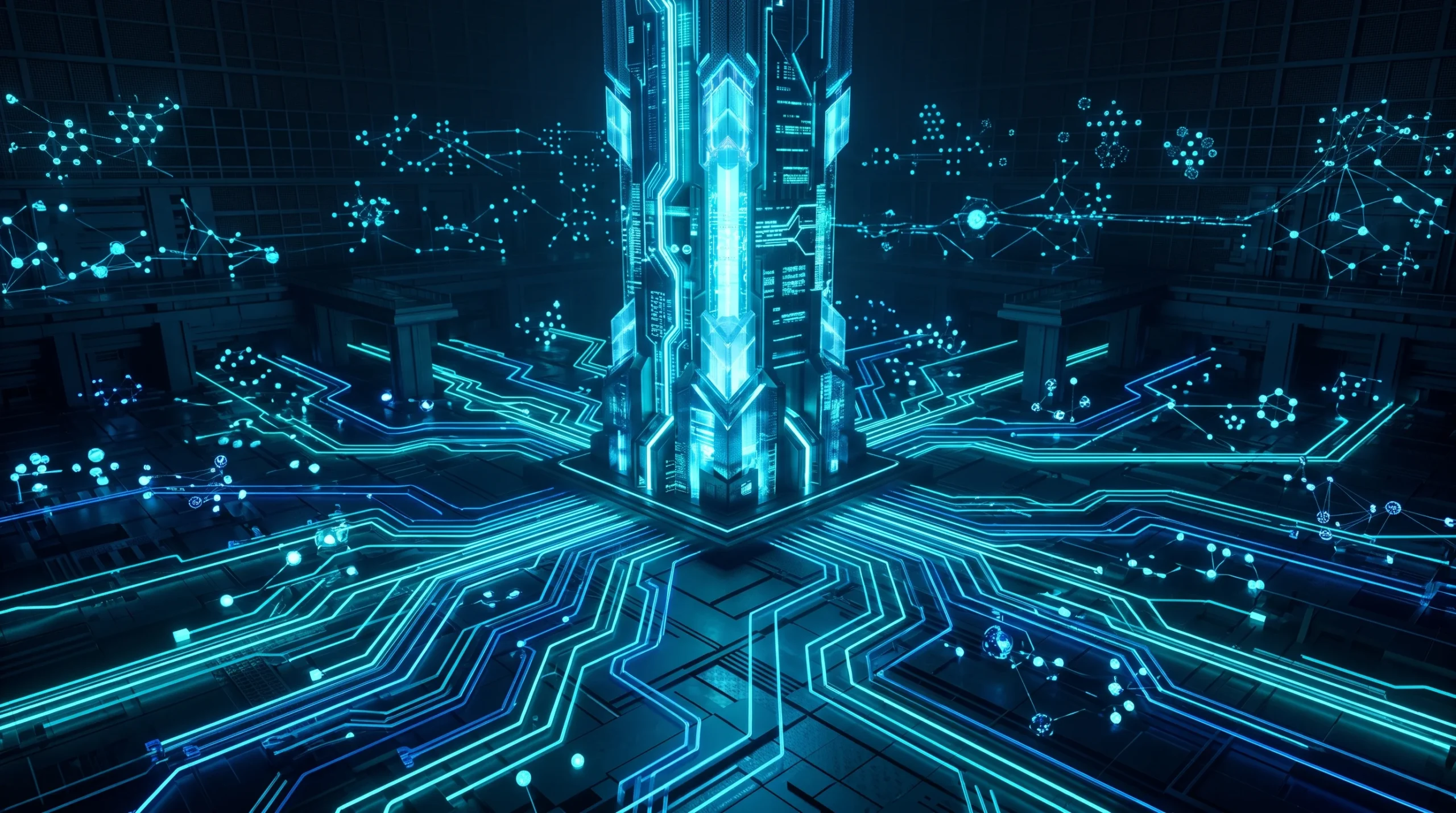 A conceptual digital illustration of data pathways and a central vault structure.