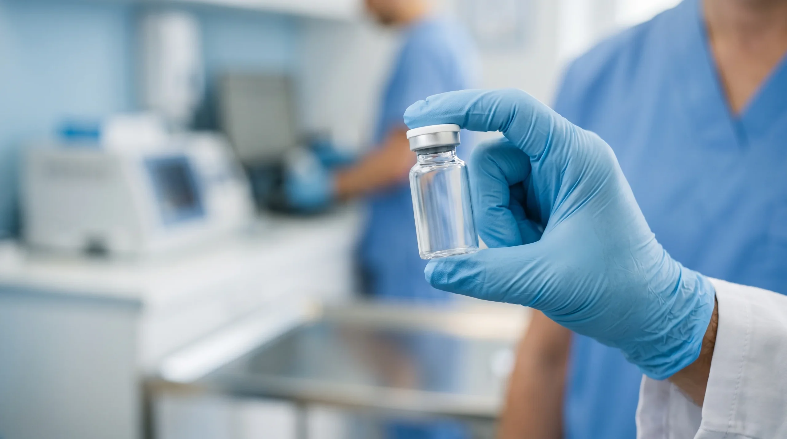 A conceptual image representing medical vaccination with a vial and gloved hand.