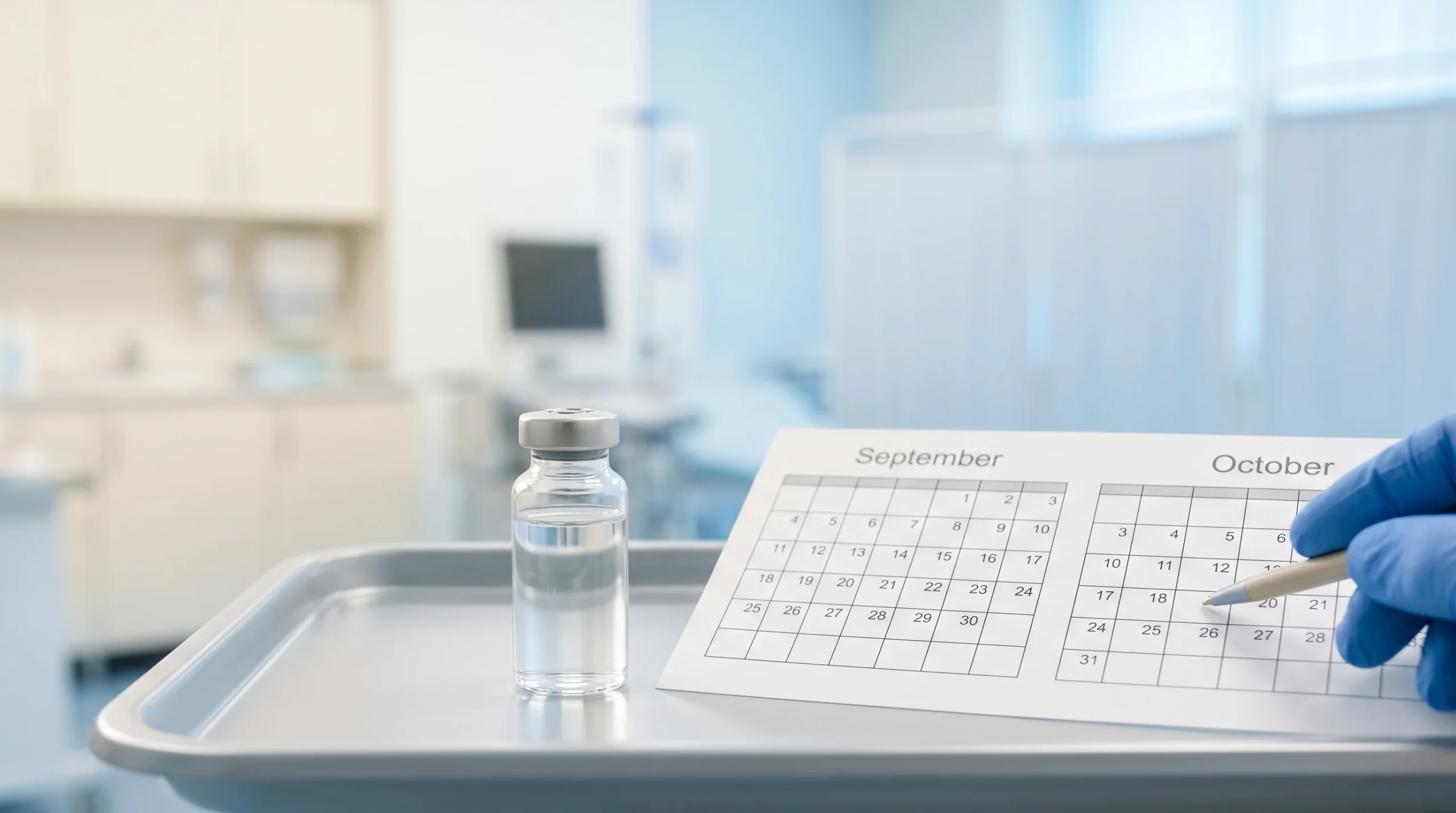 A close-up of a medical vial next to a calendar.