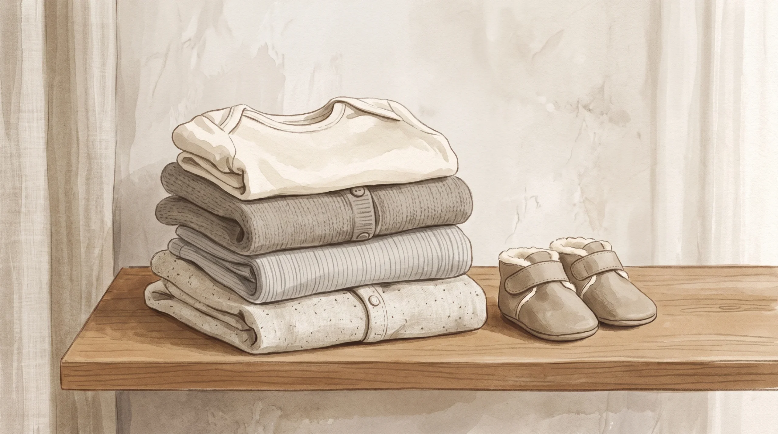Conceptual image of baby clothing supplies on a shelf.