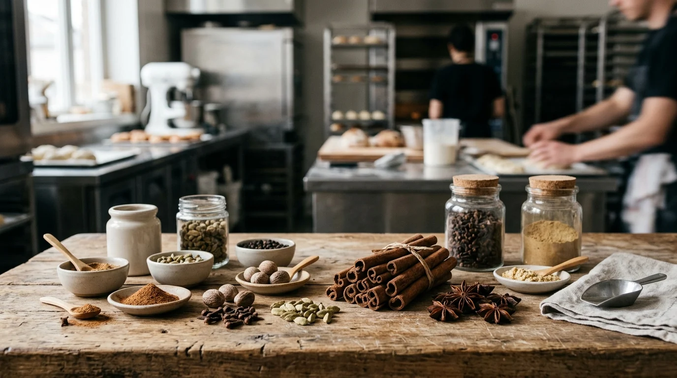 Conceptual image of baking ingredients on a wooden board.