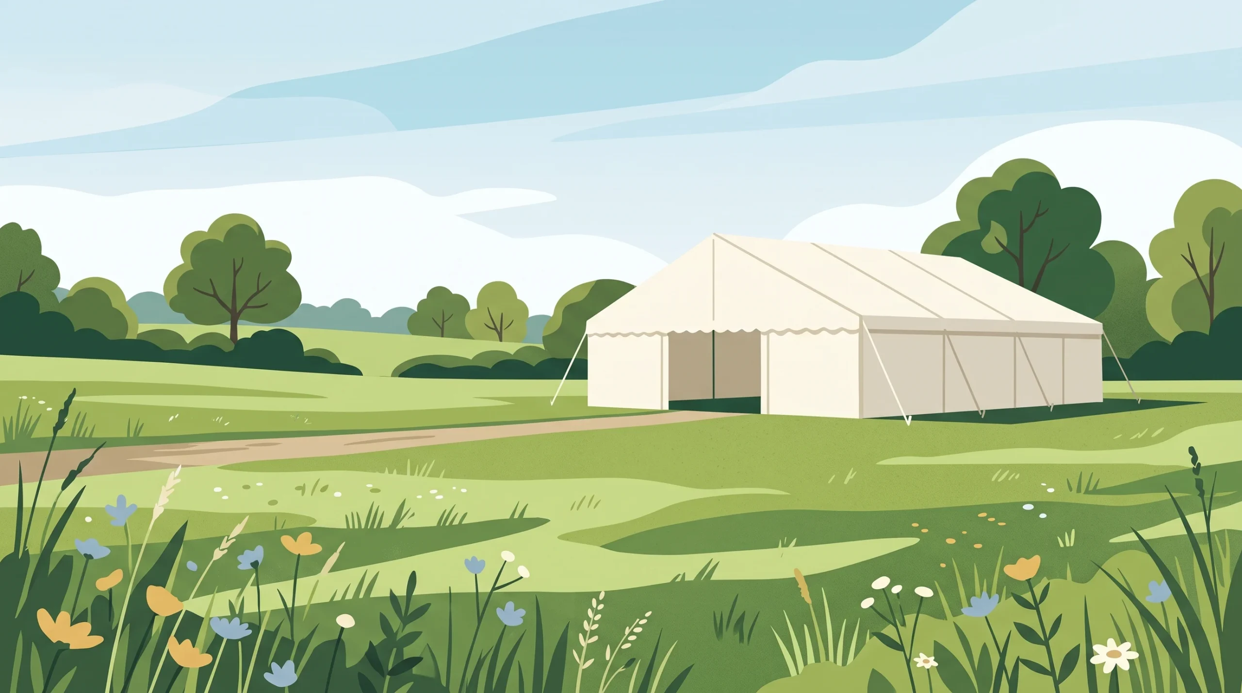 A large white marquee on a green field representing tent.