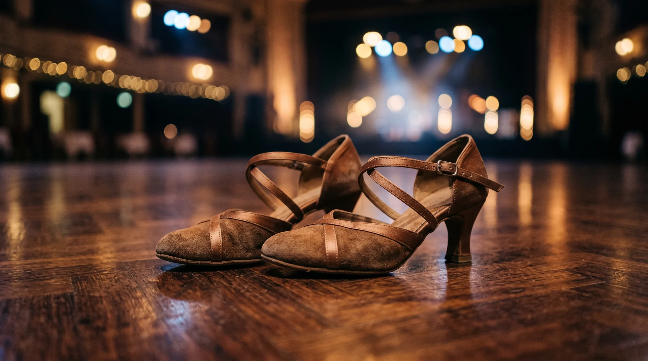 A close-up of ballroom dancing shoes on a polished floor under stage lights.