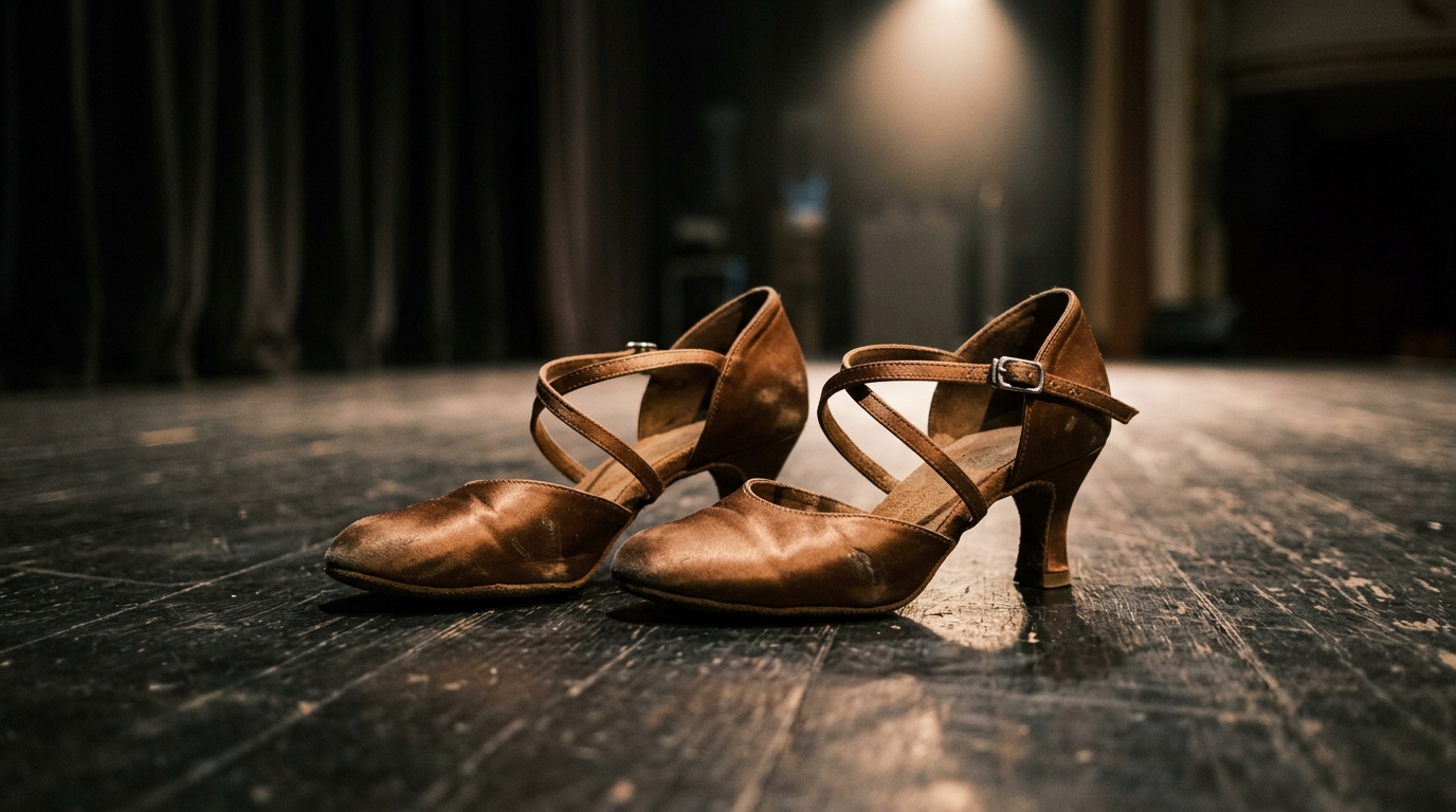 Professional ballroom dance shoes on a stage floor.