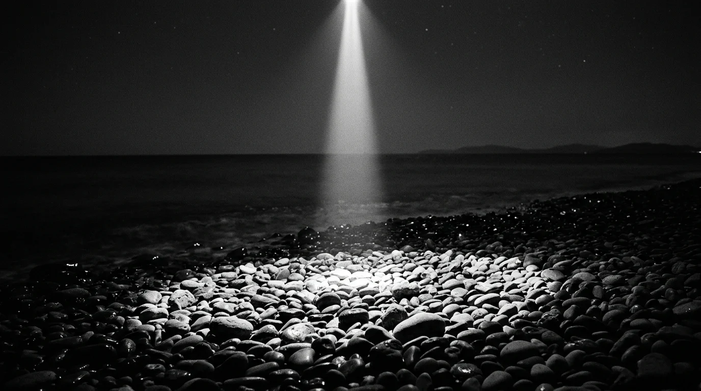 A spotlight illuminating a dark beach.