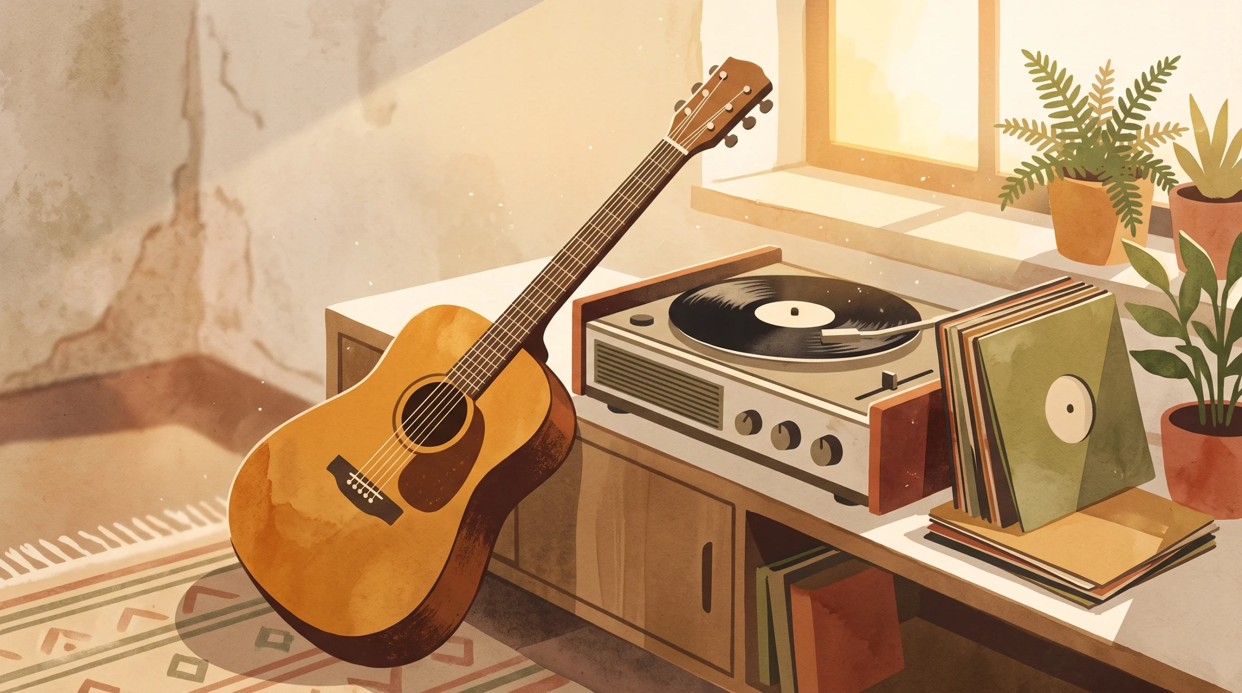 A conceptual illustration of an acoustic guitar and a record player.