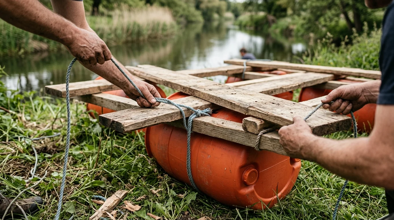 A conceptual image of wooden construction materials by a riverbank.