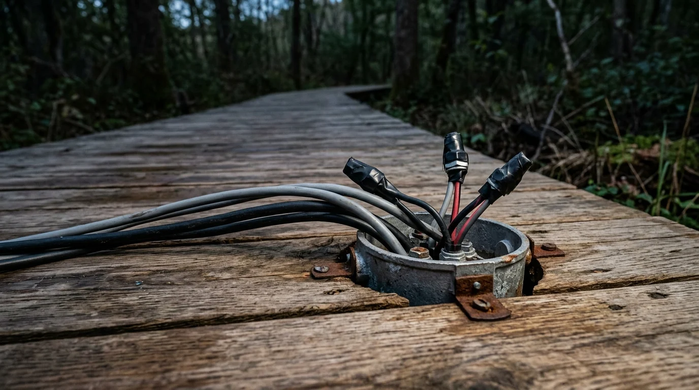 A symbolic view of an outdoor lighting fixture on a boardwalk.