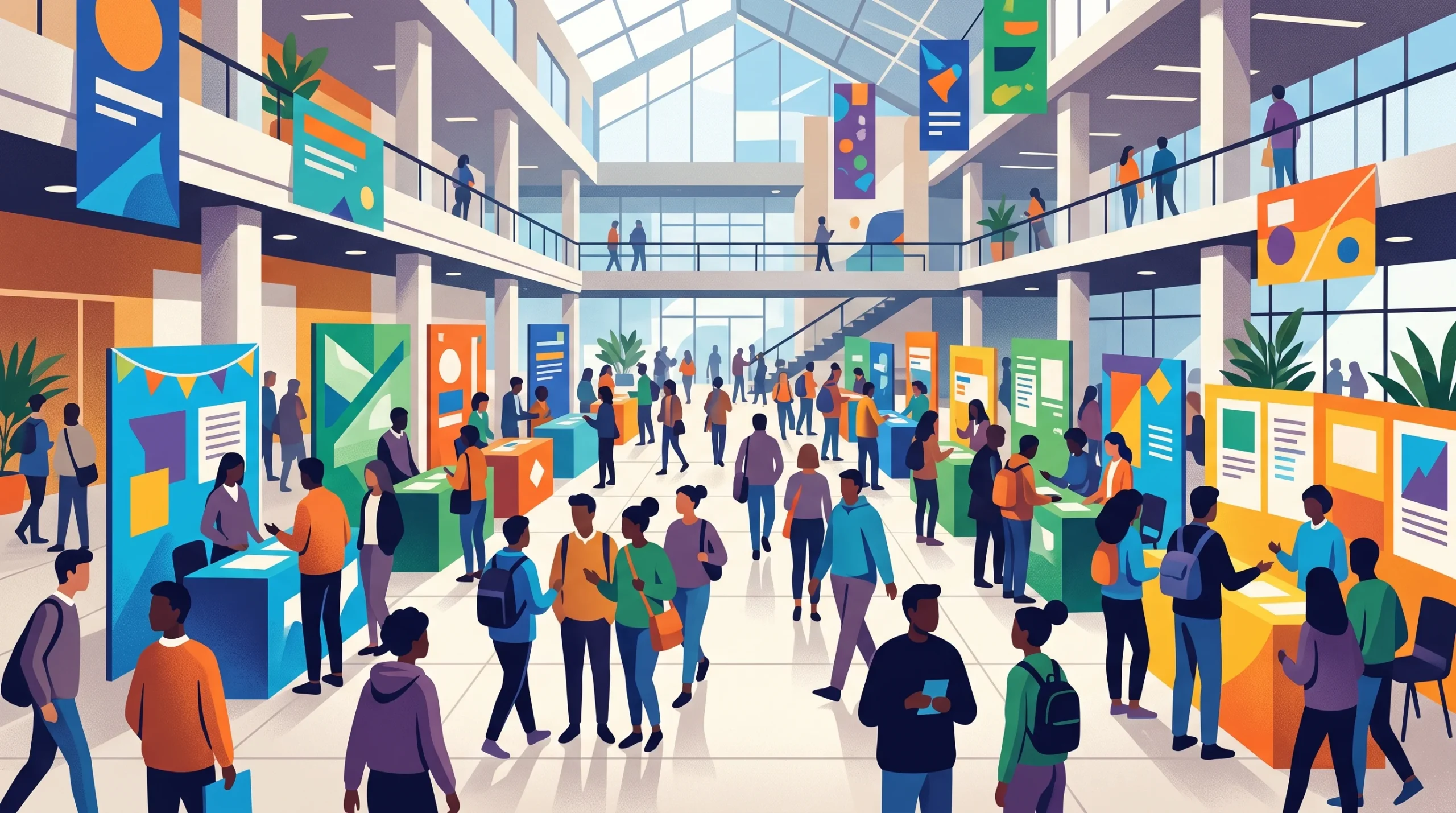 Conceptual illustration of a university freshers fair with students and activity stalls.