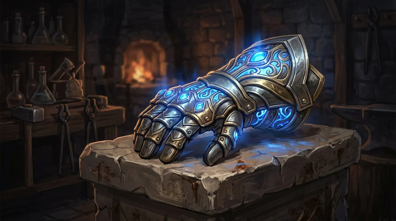 A glowing metallic gauntlet in a fantasy setting.