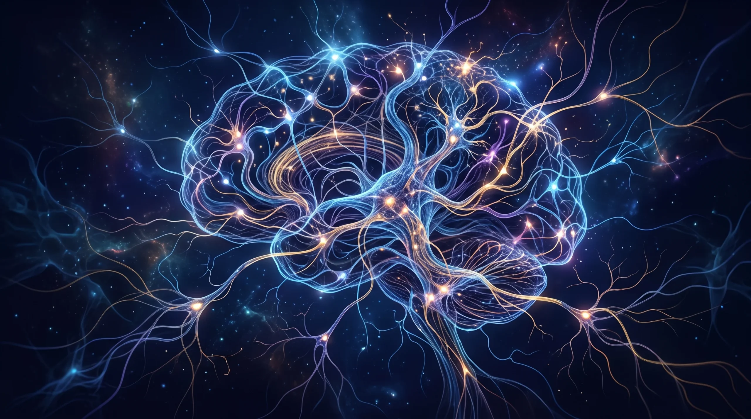 An abstract digital illustration of neural pathways and a human brain silhouette.