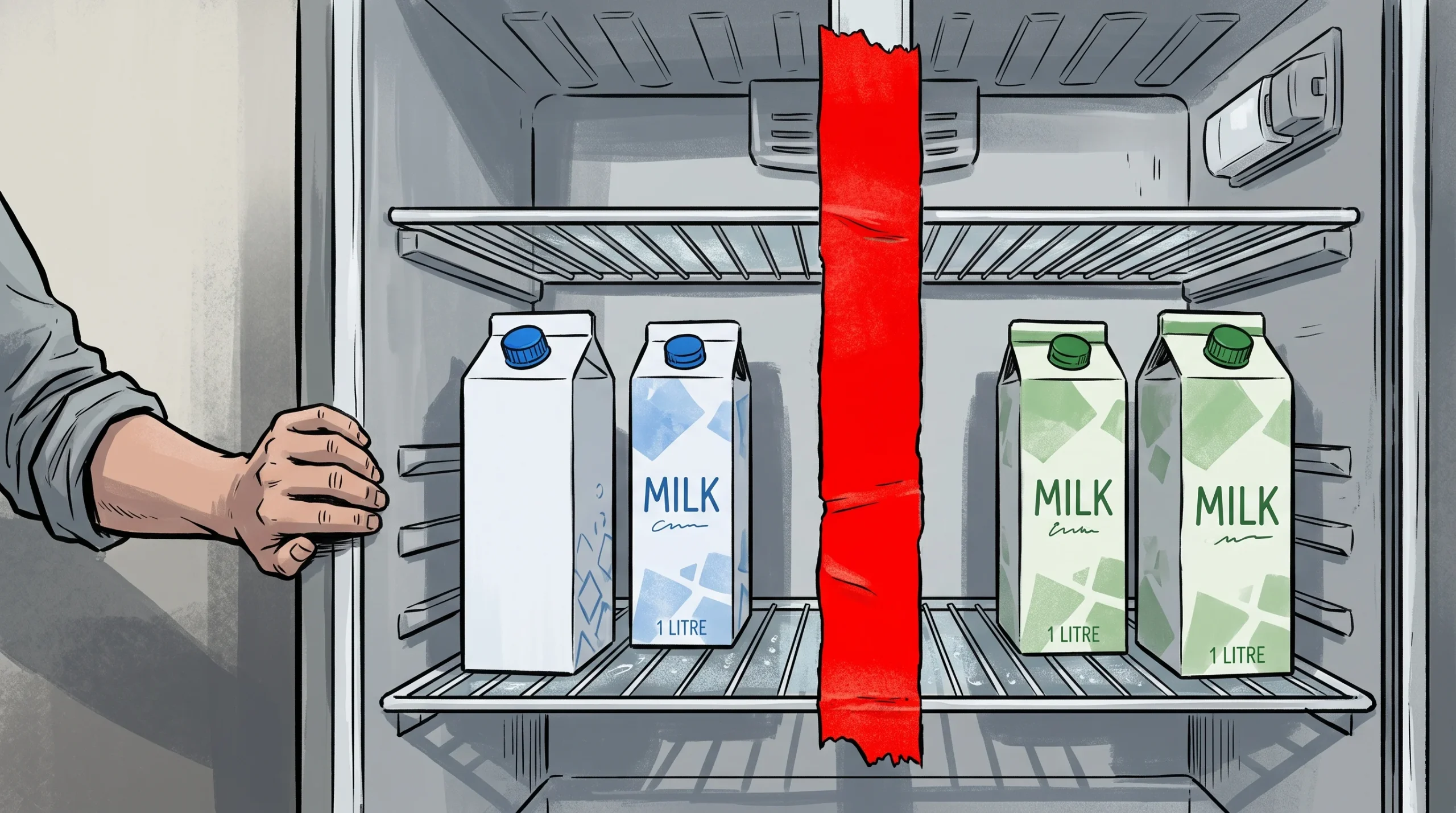 A conceptual illustration of a fridge divided by tape, symbolising ex-partners sharing a flat.