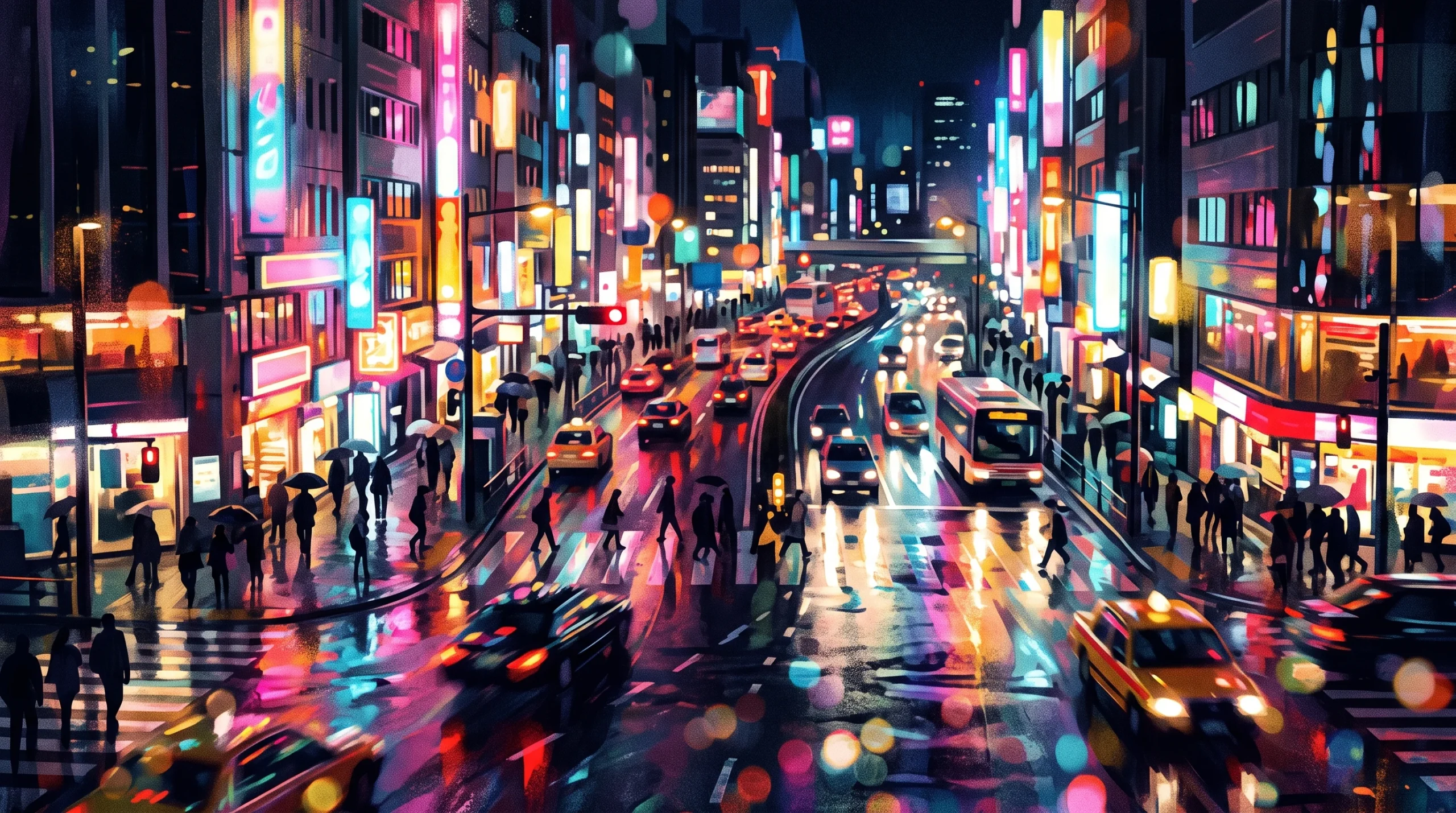 Blurred neon lights of a city street at night reflecting on a pavement.
