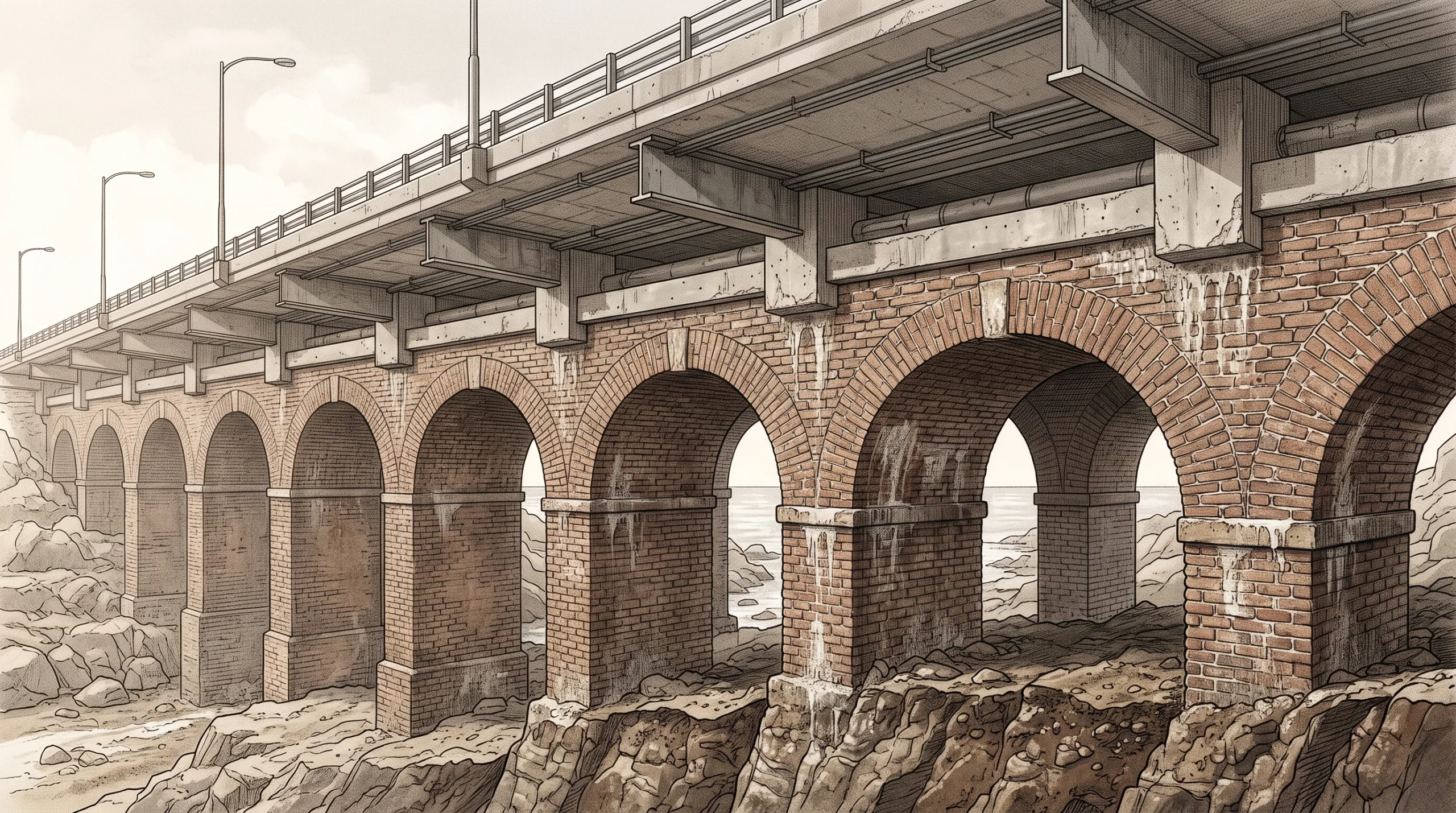 A conceptual illustration showing brick arches supporting a road.