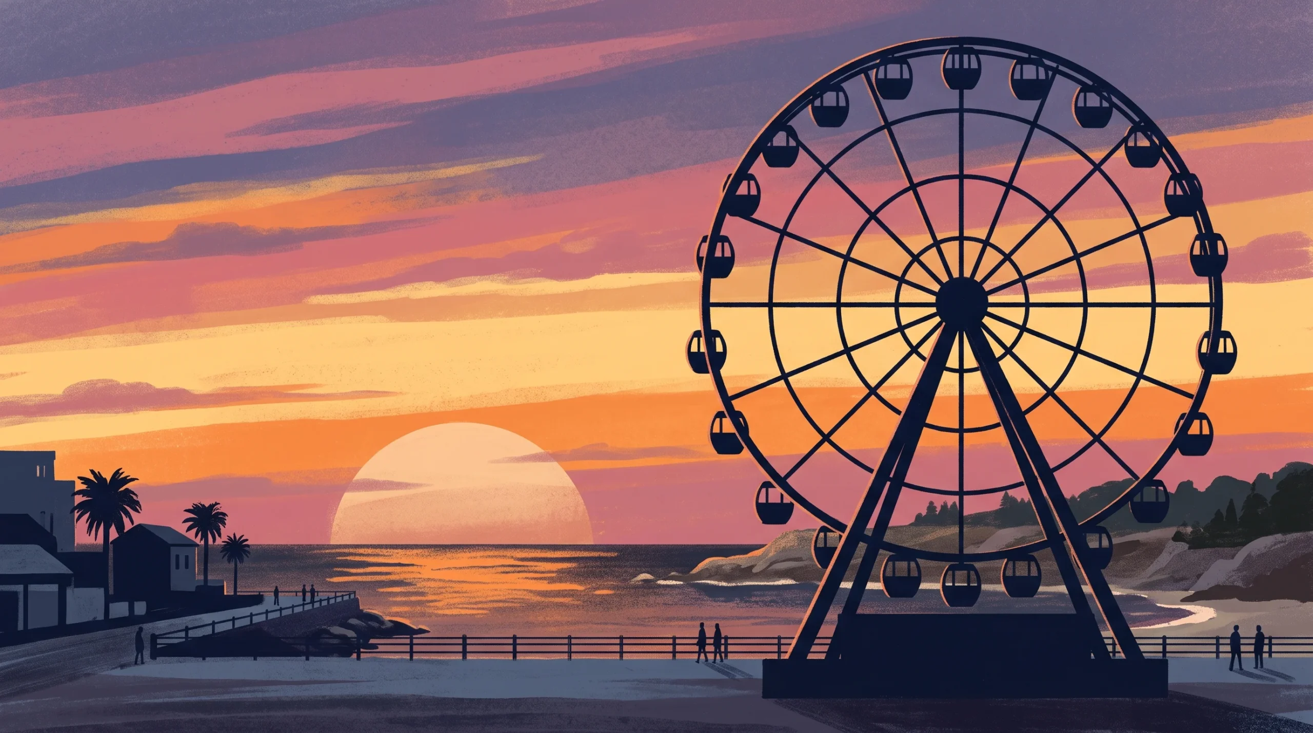 A conceptual illustration of a large observation wheel on a seafront at sunset.